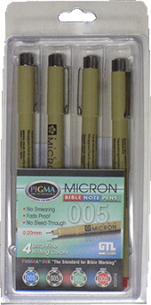 Pigma Micron Bible Marking Pen Pack: Ultra-Fine .005" Tips, Black, Blue, Red, and Green Inks by Sakura