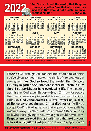 2022 English Pocket Calendar Tip Combo: Current Calendar Front, With Backside Thank You Gospel Message by MWTB