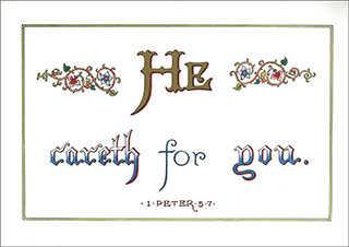 Small Illuminated Calligraphy Floral Text: He careth for you. 1 Peter 5:7 by Christian Book Room