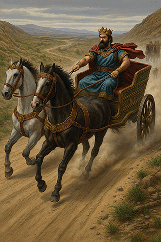 King Rehoboam fleeing in a Chariot