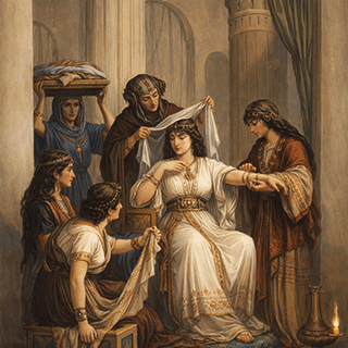 A Hebrew bride being attired her wedding
