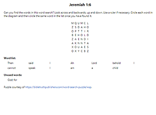Jeremiah 1:6 Word Search Puzzle