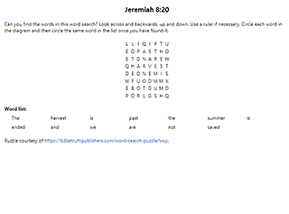Jeremiah 8:20 Word Search Puzzle