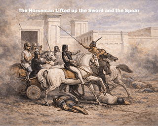 The horsemen lift up the sword and the spear