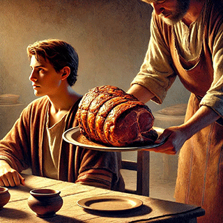 Cook Putting Shoulder of Meat Before Saul